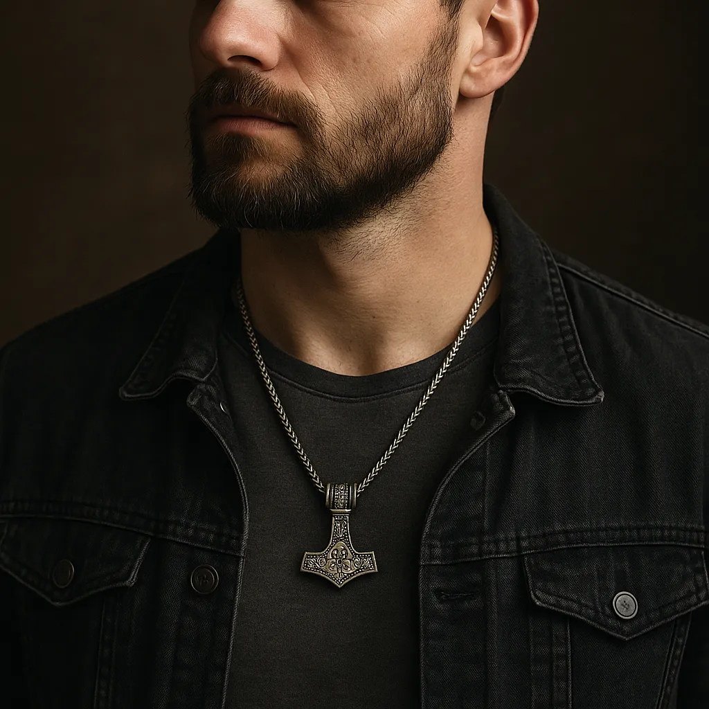 Homme barbu portant un collier viking moderne avec pendentif Mjöllnir sur une chaîne en métal argenté