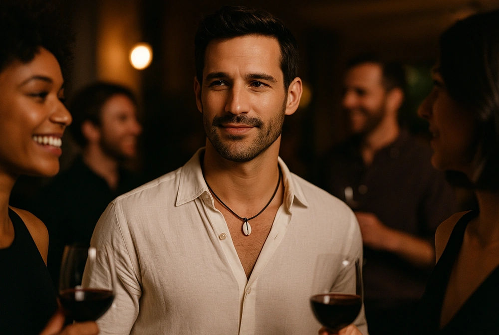 Homme en chemise ouverte portant un collier homme ras du cou en cordon noir avec coquillage, soirée chic entre amis, verres de vin à la main