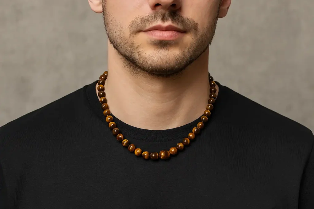 Gros plan sur un collier homme en perles œil de tigre 10 mm porté sur tee-shirt noir, reflets bruns-dorés lumineux et élégants