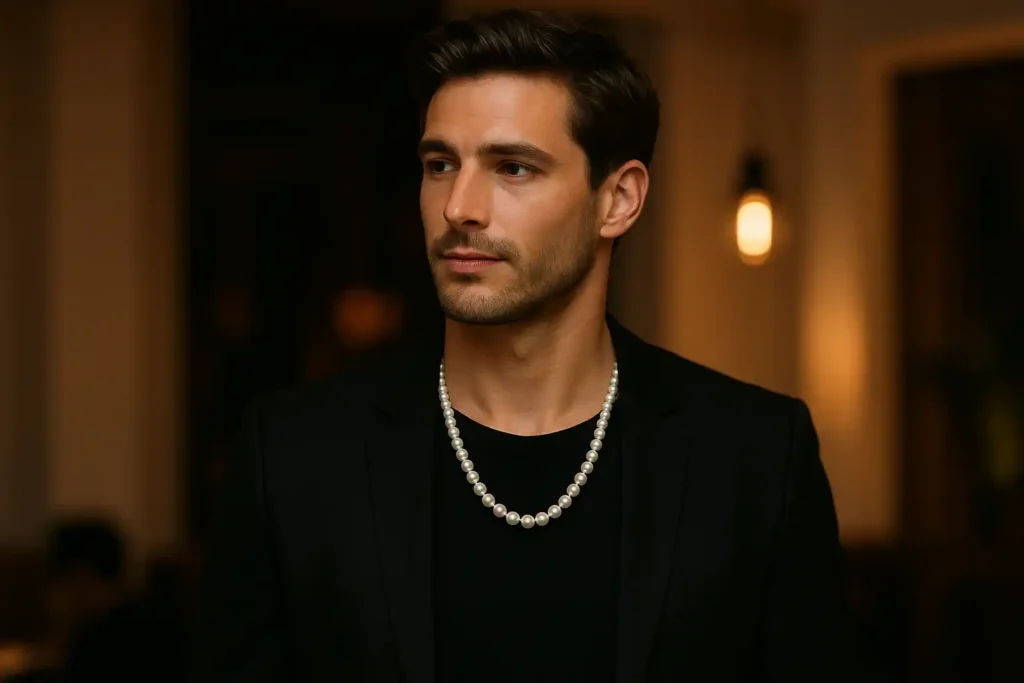 Homme en soirée avec veste ouverte portant un collier homme en perles blanches de 60 cm et 10–12 mm, tombé allongeant la silhouette avec style élégant