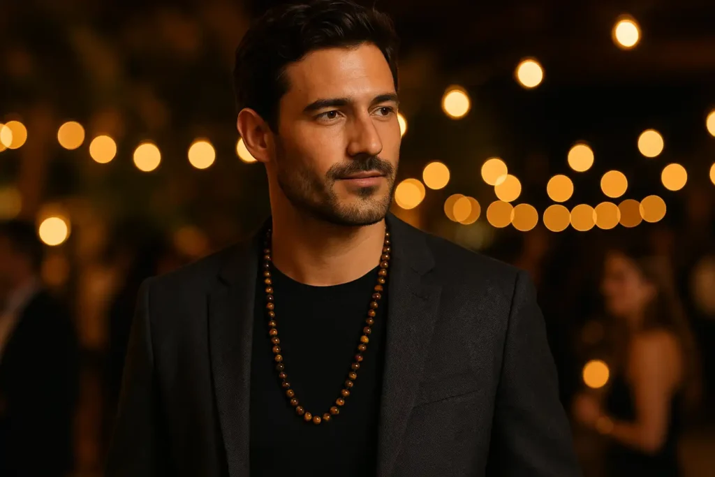 Homme en soirée portant un collier homme en perles œil de tigre 60 cm, reflets dorés mis en valeur sous veste ouverte dans une ambiance élégante