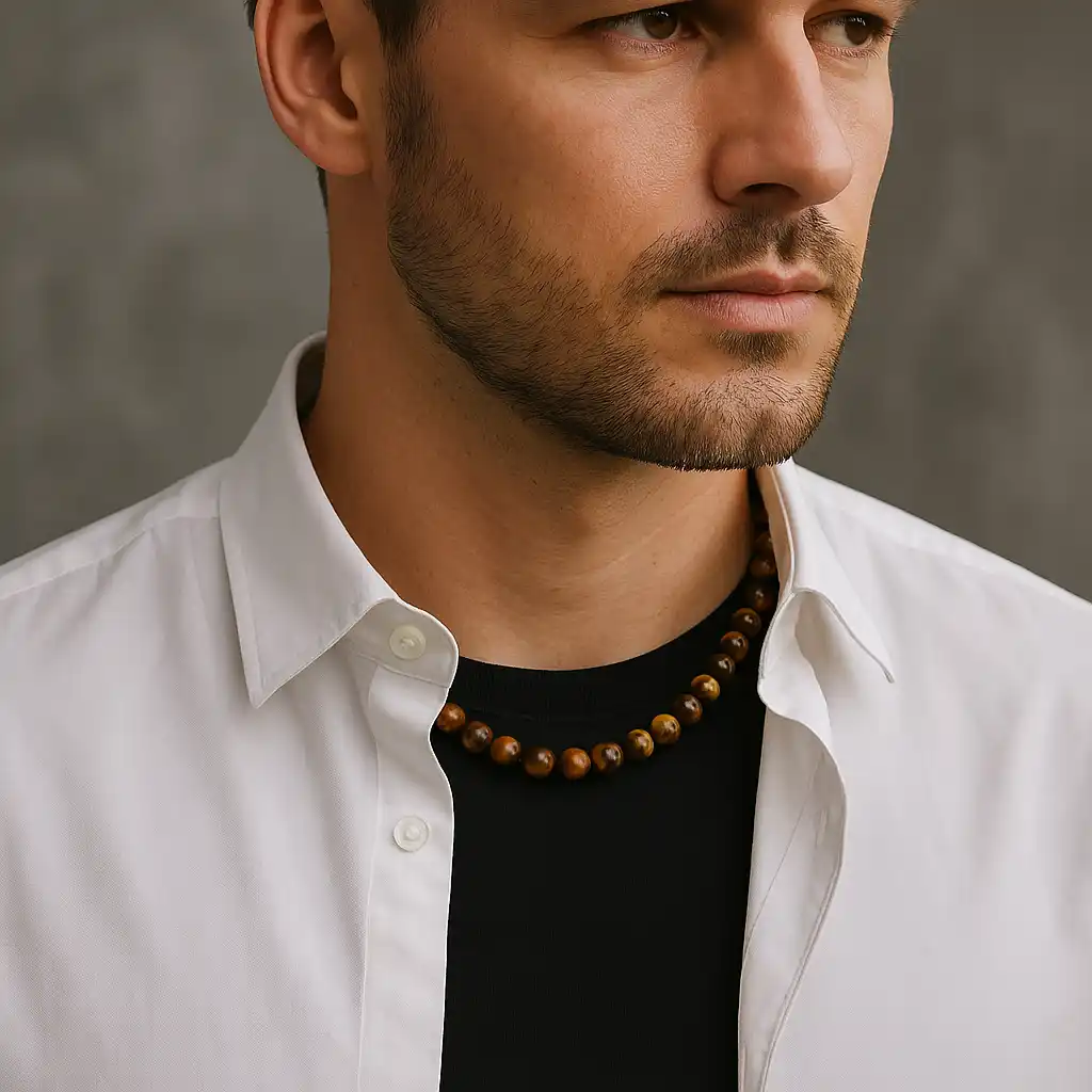 Entre 50 et 55 cm, vous touchez la polyvalence absolue : lisible sur tee-shirt, discret sous chemise entrouverte, stable en mouvement. Ce palier accueille sans effort des perles 9–10 mm et convient à la plupart des morphologies. Si vous visez un repère précis, un collier perle homme 50 cm mettra l’accent sur le haut du buste, alors qu’un collier perle homme 55 cm descend légèrement pour respirer sous veste ouverte. Pour identifier le bon tombé, essayez vos tenues-repères et observez la cohérence entre perle, col et largeur d’épaule.