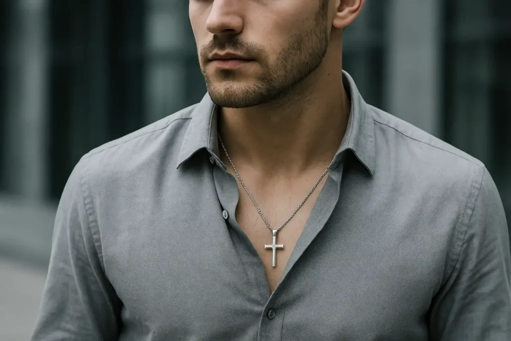 Homme portant un collier croix en argent brillant, style moderne et intemporel