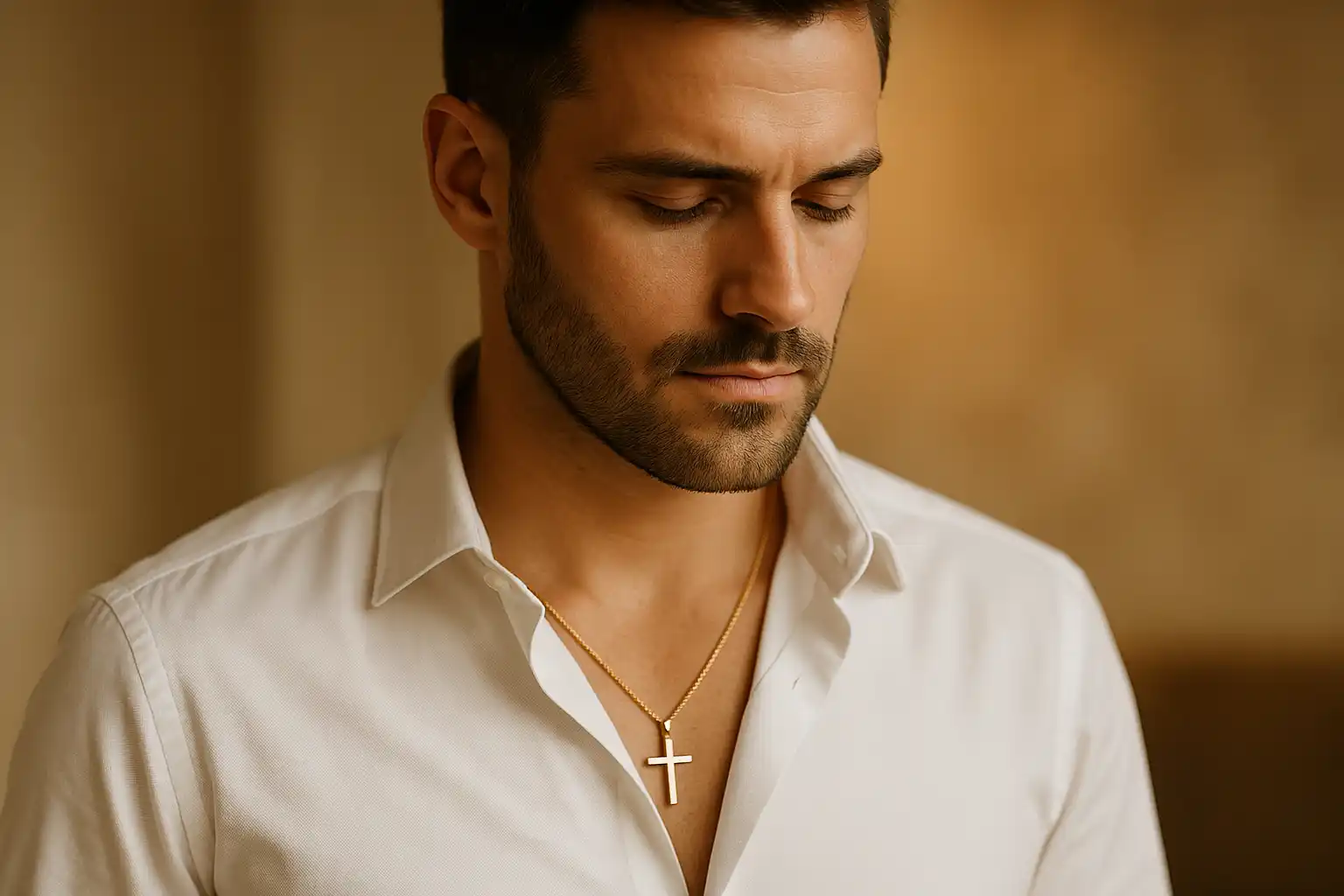 Homme portant un collier croix en or élégant sur chemise blanche, style sobre et lumineux