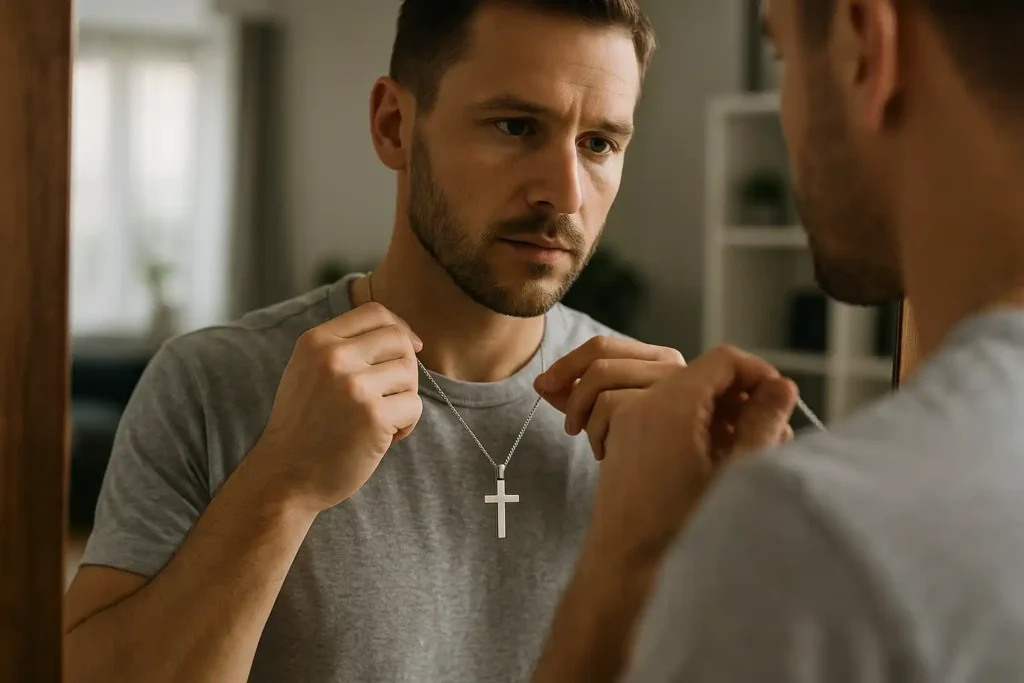 Homme ajustant un collier croix devant un miroir pour vérifier la bonne longueur