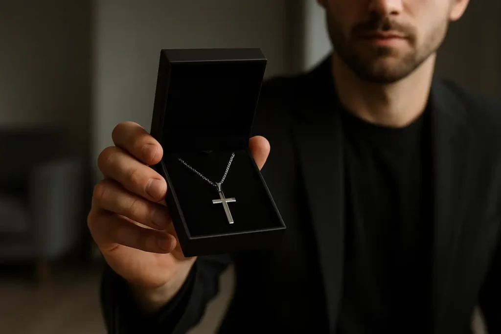 Homme offrant un collier croix argentée dans un coffret élégant, symbole d’héritage et de style