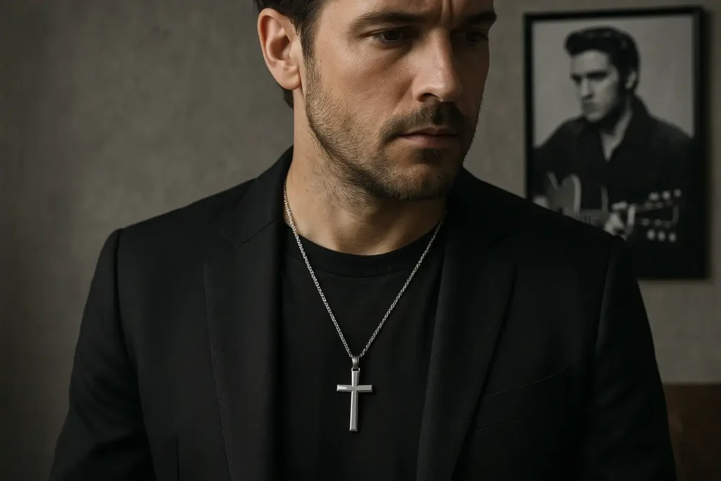 Homme portant un collier croix argentée style années 80, entre foi et pop culture
