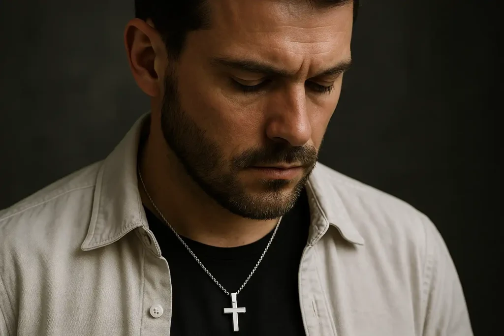 Homme portant un collier croix dans une église, symbole sacré intemporel