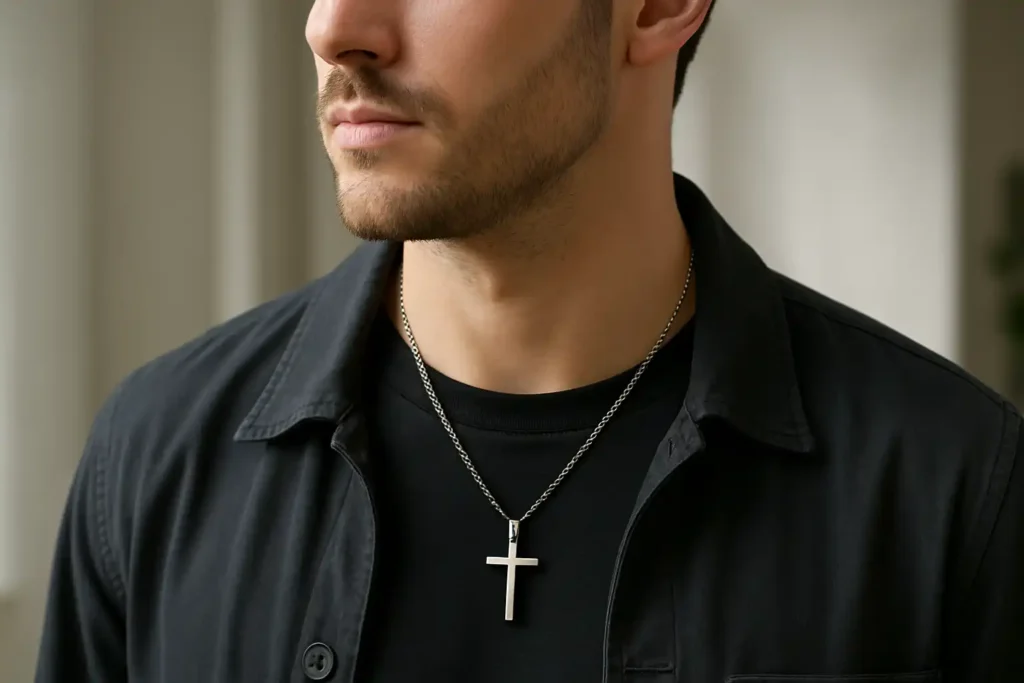 Homme portant un collier croix en acier, symbole moderne et intemporel