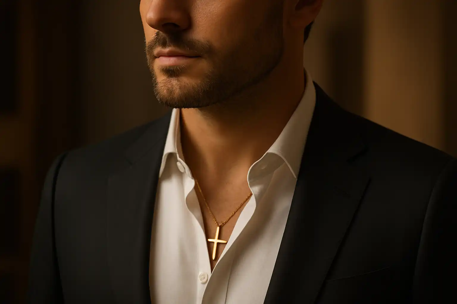 Homme portant un collier croix en or fin sous chemise blanche, style élégant et formel