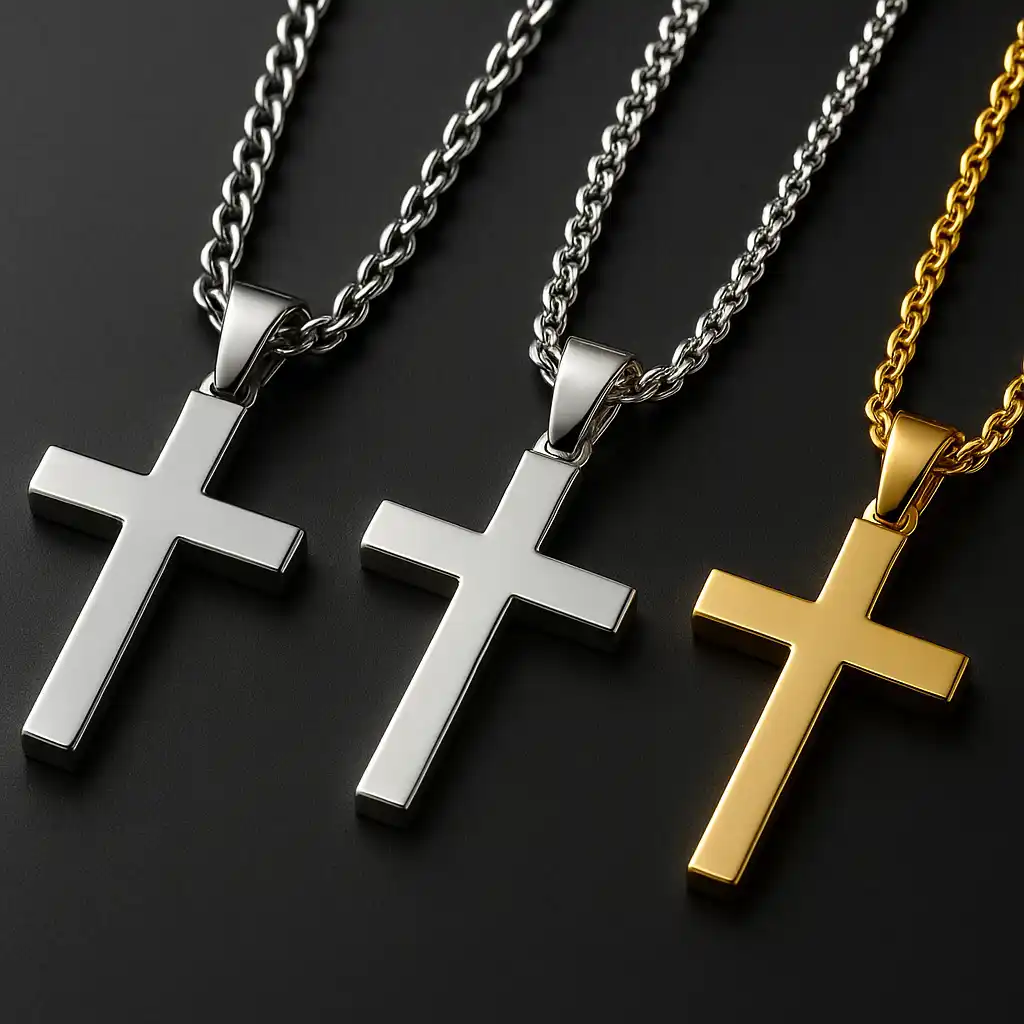 Trois colliers croix homme en acier, argent et or, comparaison matières et reflets