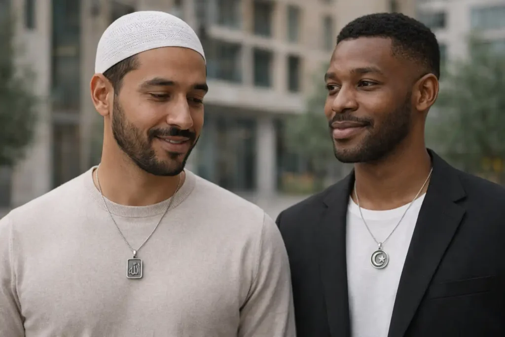 Deux hommes dans un environnement contemporain portant des colliers pour hommes islamiques