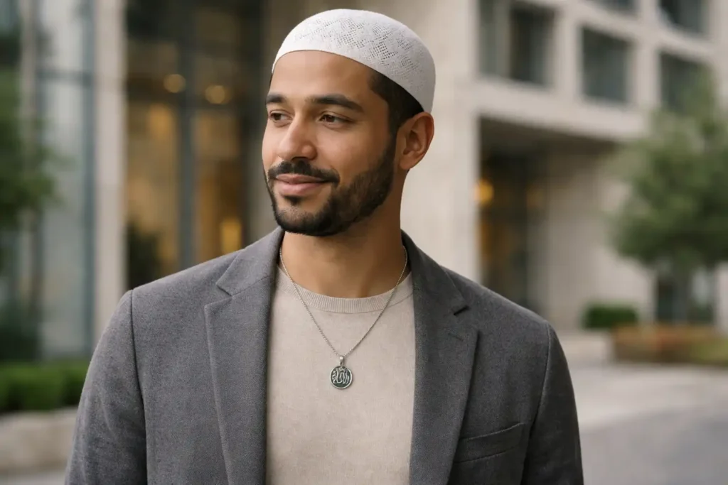 Homme musulman portant un collier islamique discret comme expression d’identité masculine contemporaine