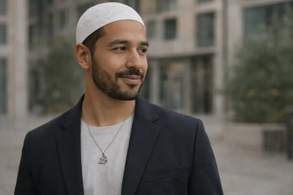 Homme portant un collier islam discret intégré à un style masculin urbain et contemporain