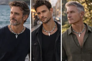 Collier dent de requin homme porté par différents profils masculins, symbole de force et d’identité