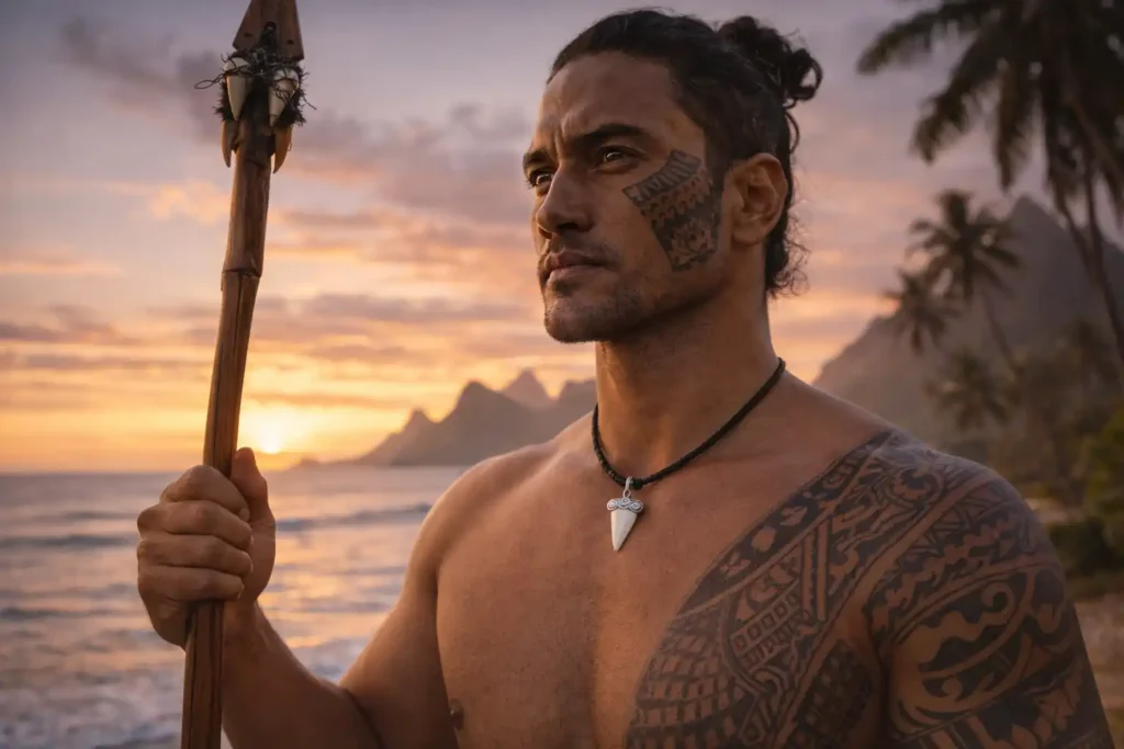 Homme d’inspiration polynésienne portant un collier dent de requin face à l’océan au coucher du soleil