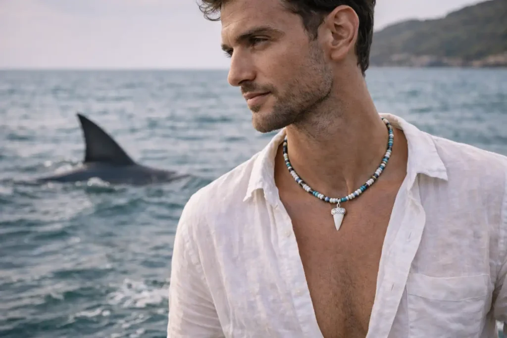 Homme portant un collier dent de requin face à l’océan, symbole de force tranquille et d’assurance