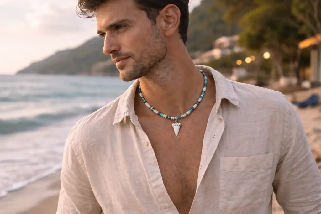 Homme portant un collier dent de requin imitation sur la plage, style masculin affirmé et contemporain