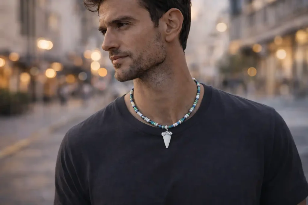 Homme portant un collier dent de requin moderne en ville, bijou masculin entre héritage et style contemporain