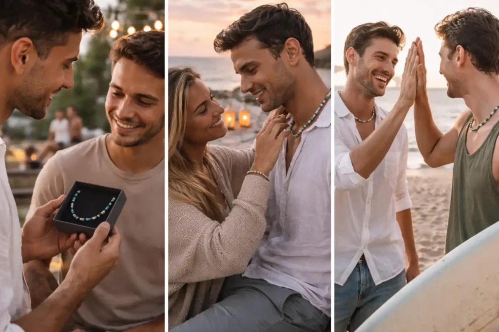 Offrir un collier surfeur à différentes occasions, cadeau symbolique entre proches en bord de mer