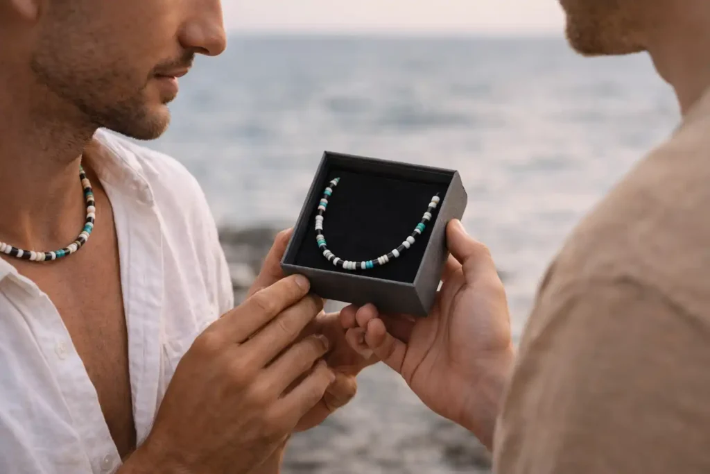 Offrir un collier surfeur pour homme en cadeau, échange d’un bijou symbolique en bord de mer