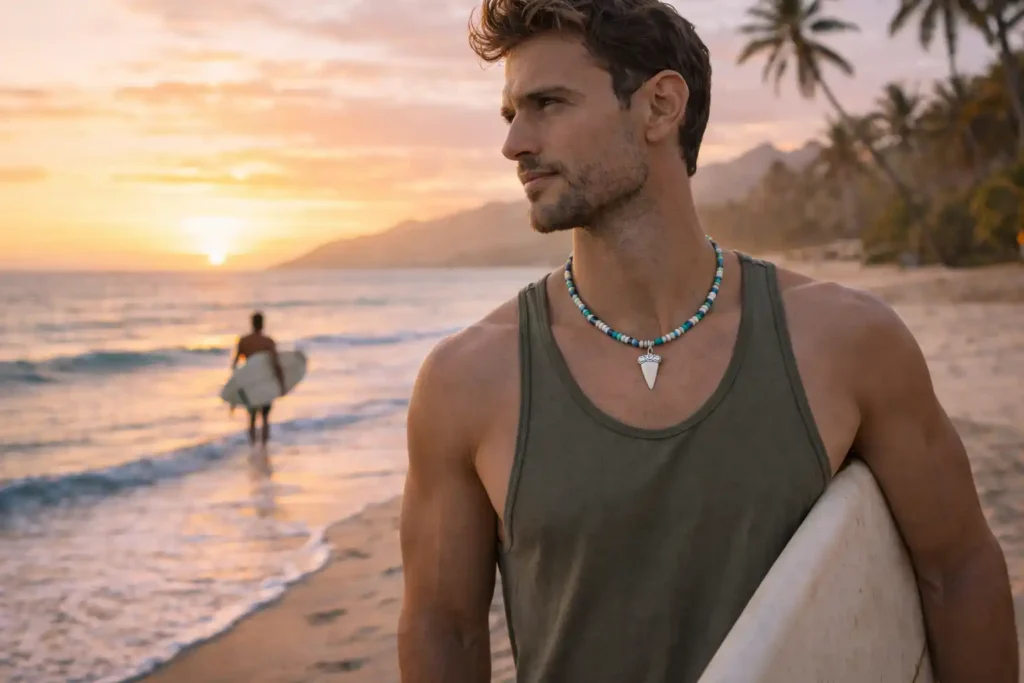 Surfeur portant un collier dent de requin sur une plage au coucher du soleil, inspiration culture surf californienne