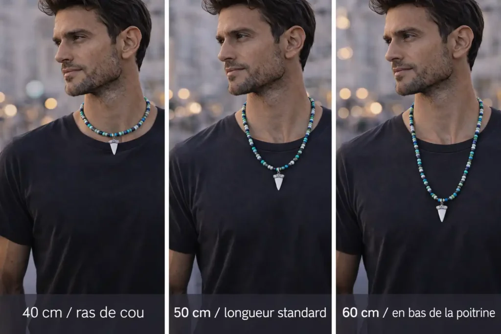 Comparaison de longueurs de collier en pierre pour homme portées sur un t shirt noir