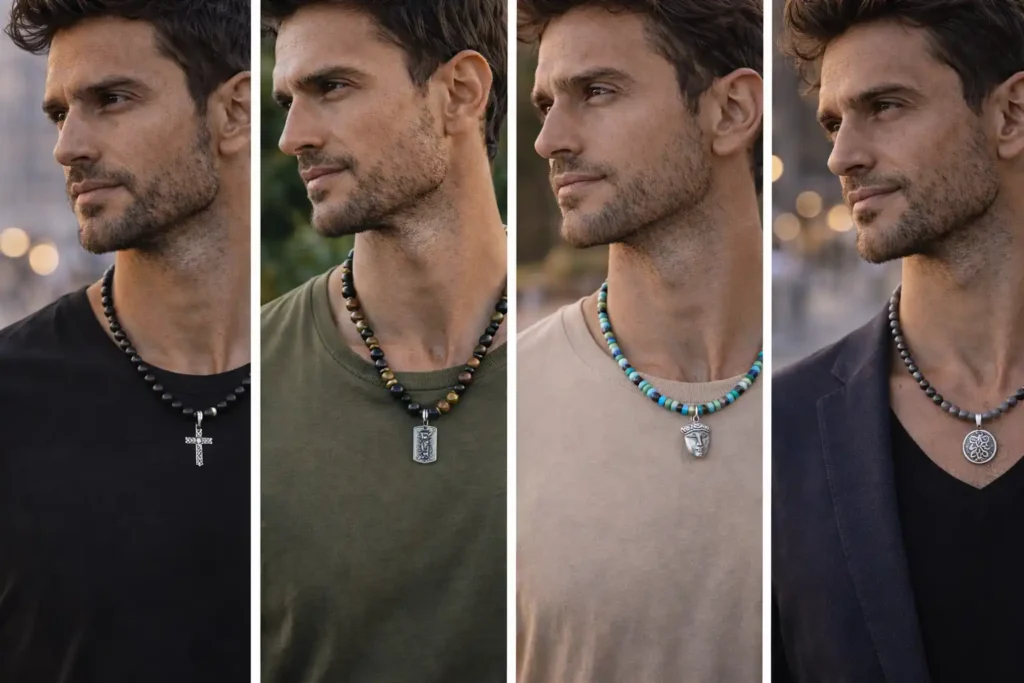 Différents styles de colliers en pierre naturelle pour homme portés avec tenues variées