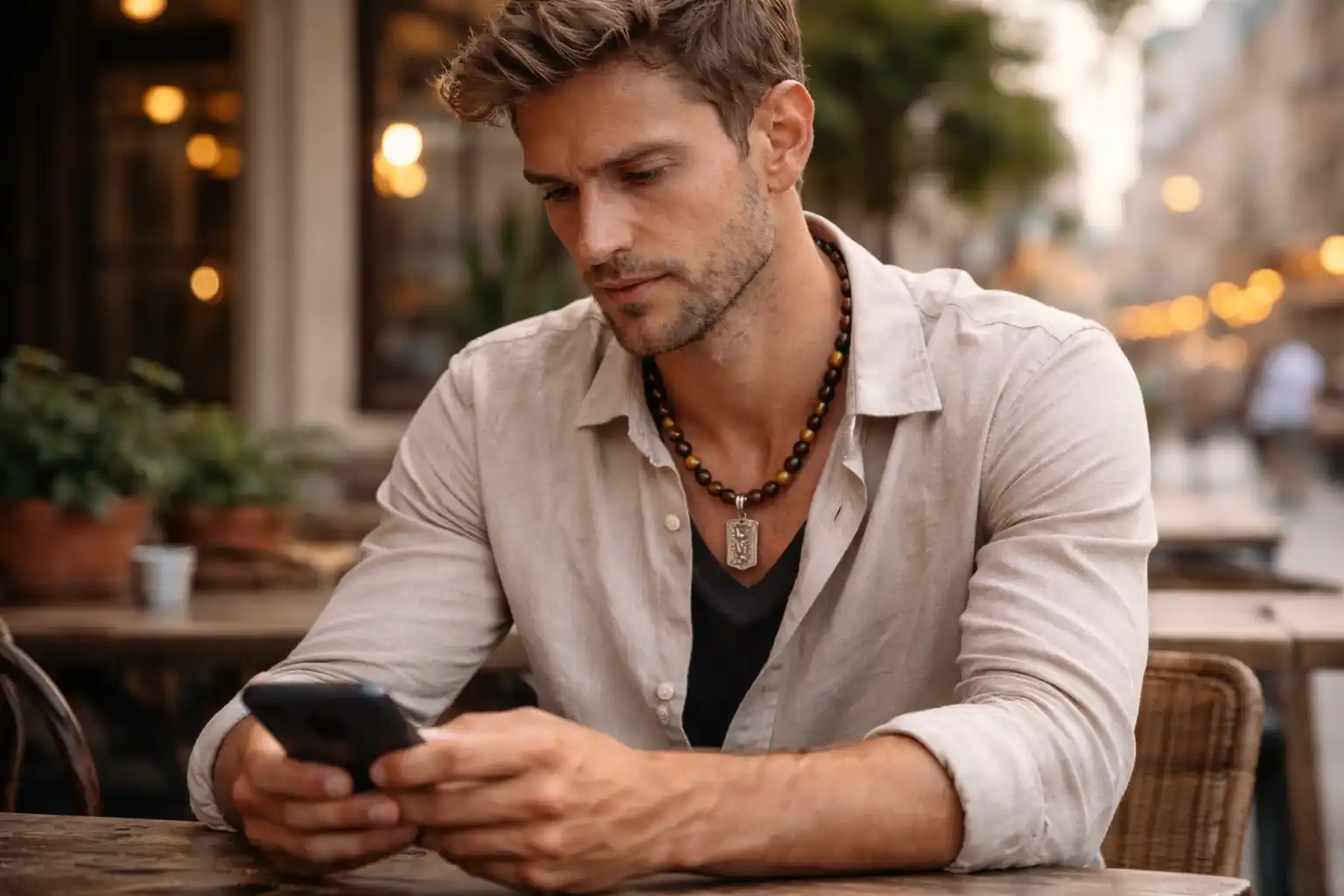 Homme assis en terrasse portant un collier en pierre œil de tigre avec perles brunes naturelles