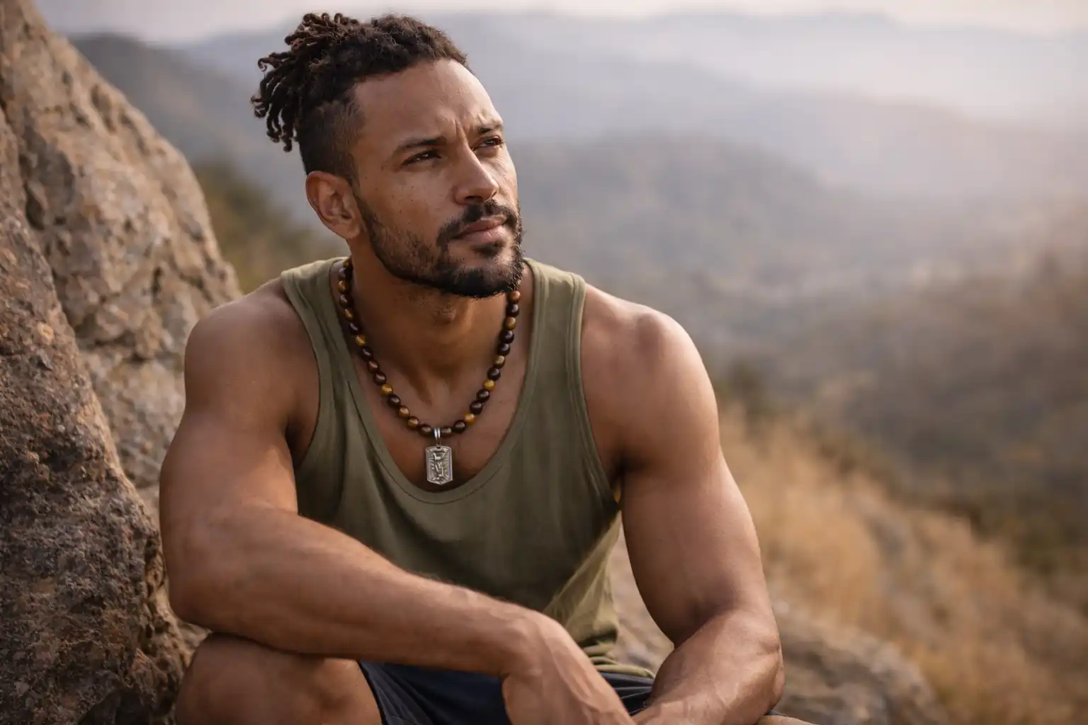 Homme assis sur un rocher en pleine nature portant un collier en pierre naturelle avec perles brunes
