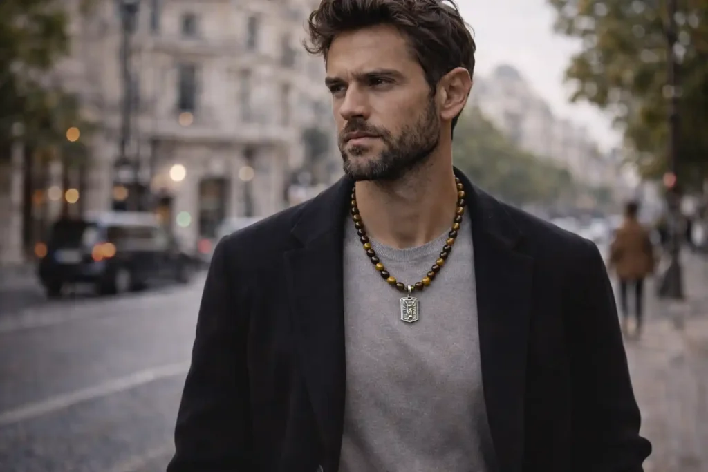 Homme marchant en ville portant un collier en pierre naturelle avec perles brunes dans un style masculin élégant