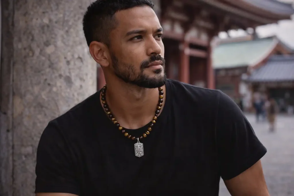 Homme portant un collier en pierre naturelle avec perles brunes devant un temple traditionnel en pierre