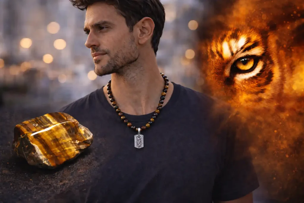 Homme portant un collier en pierre œil de tigre avec perles brunes dorées et pierre naturelle œil de tigre