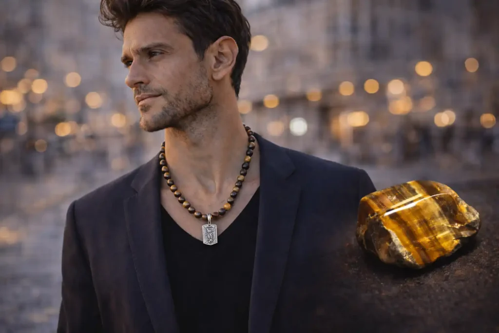 Homme portant un collier en pierre œil de tigre avec perles brunes dorées et pierre œil de tigre naturelle