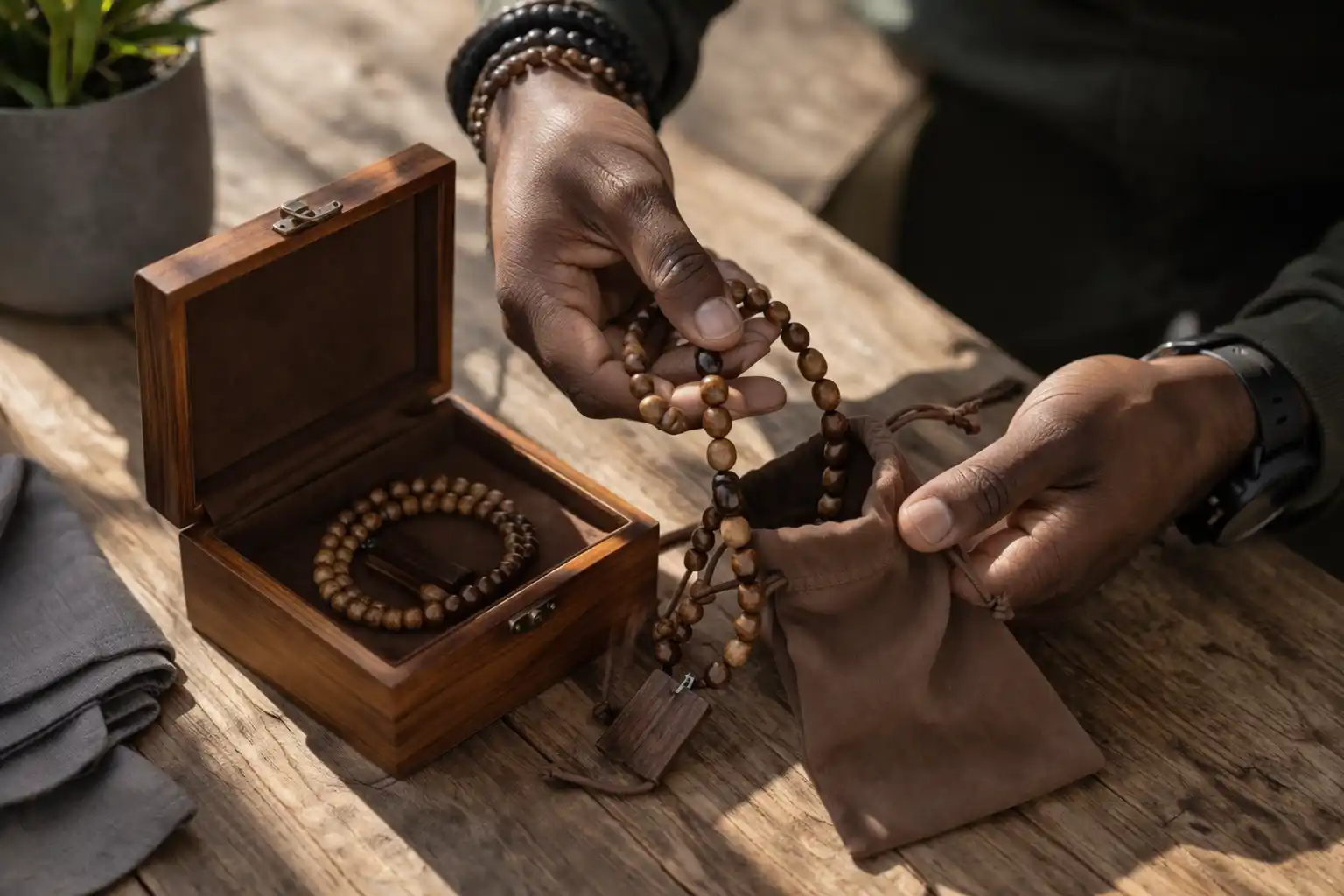 Homme rangeant un collier en bois dans une pochette pour le protéger et préserver sa durabilité