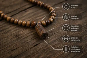 Collier en bois avec perles naturelles posé sur une table montrant des signes d’usure et de détérioration