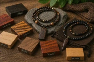Colliers en bois pour homme avec perles et pendentifs disposés sur une table entourés de différentes essences de bois naturelles