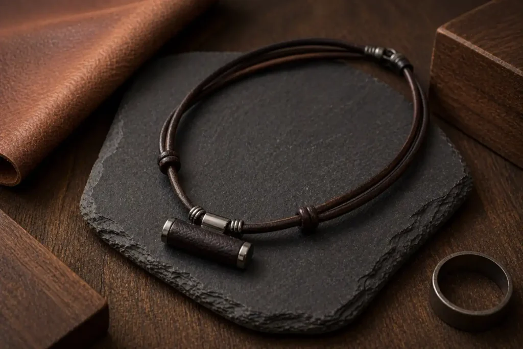 Collier en cuir pour homme avec pendentif cylindrique posé sur ardoise dans un décor bois et cuir masculin