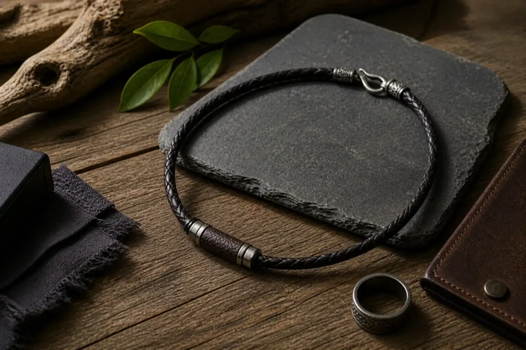 Collier en cuir tressé pour homme avec fermoir métallique posé sur ardoise dans un décor bois et accessoires masculins