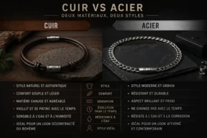 Comparaison entre collier en cuir et collier en acier pour homme avec styles et matériaux masculins différents