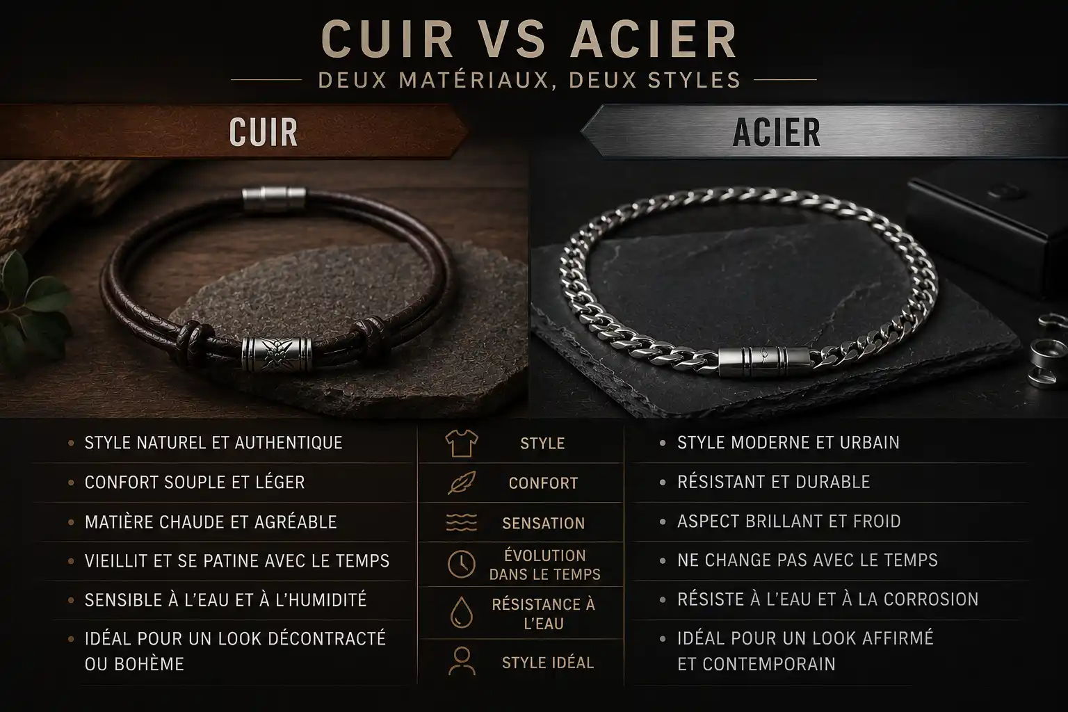 Comparaison entre collier en cuir et collier en acier pour homme avec styles et matériaux masculins différents