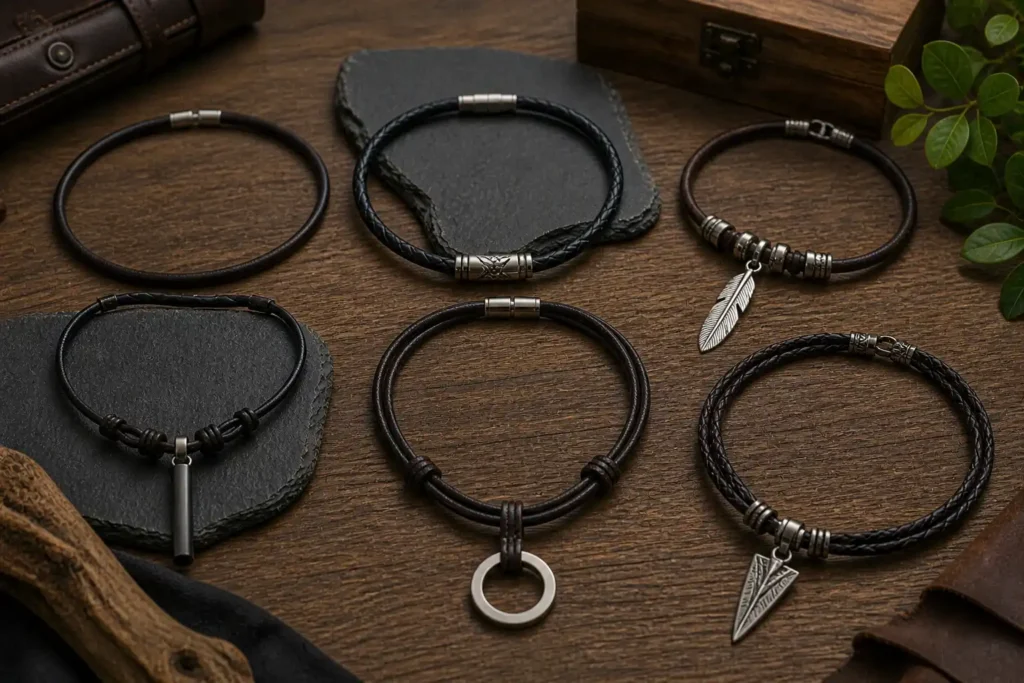 Différents styles de colliers en cuir pour homme avec pendentifs et cordons posés sur une table en bois