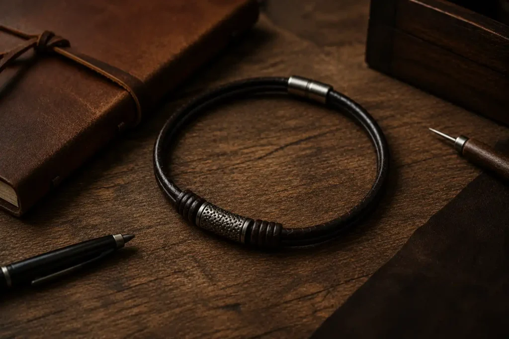 Collier en cuir noir pour homme avec élément métallique posé sur une table en bois entouré d’accessoires élégants dans une ambiance chaleureuse et authentique