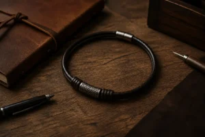 Collier en cuir noir pour homme avec élément métallique posé sur une table en bois entouré d’accessoires élégants dans une ambiance chaleureuse et authentique