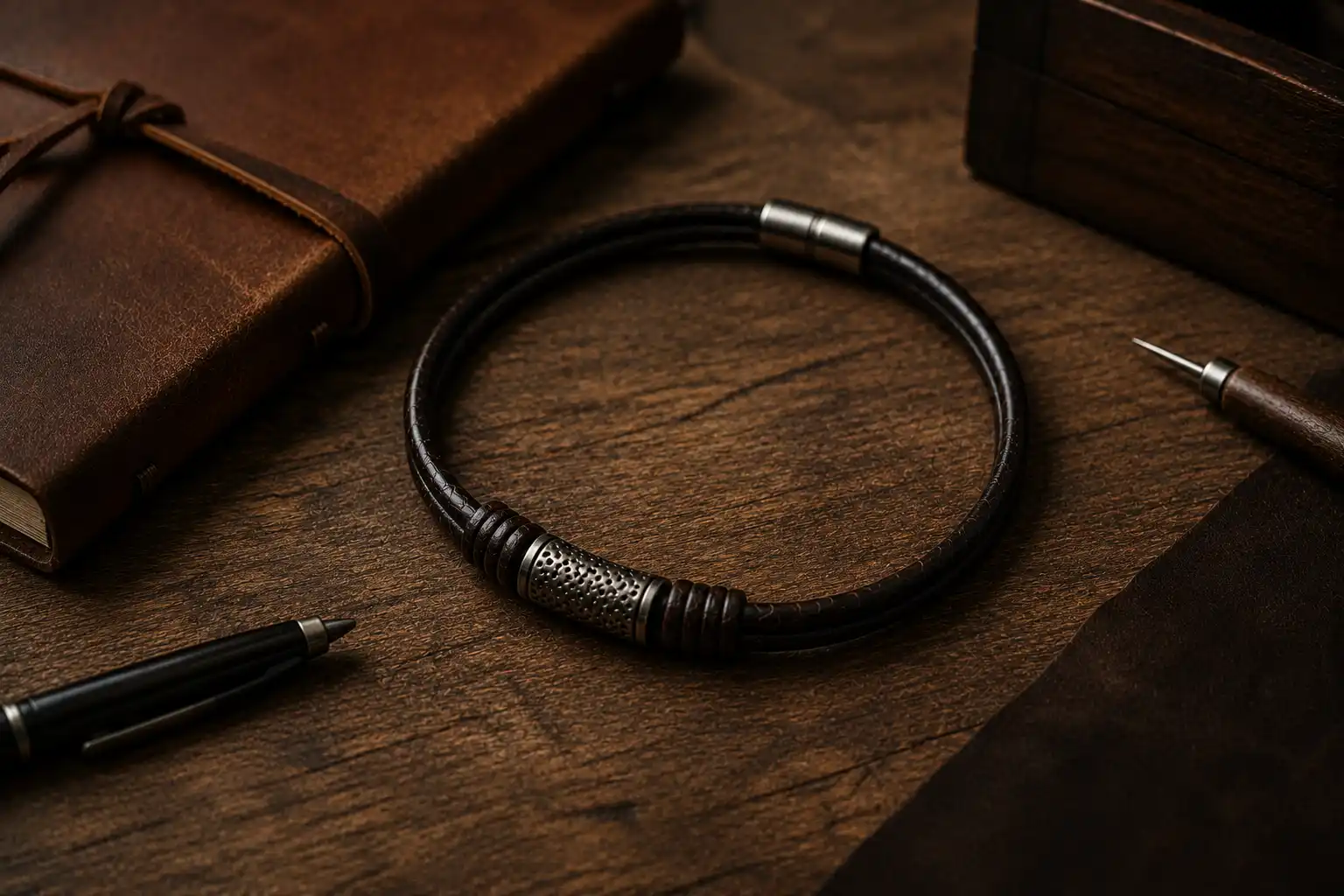 Collier en cuir noir pour homme avec élément métallique posé sur une table en bois entouré d’accessoires élégants dans une ambiance chaleureuse et authentique
