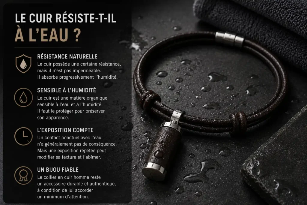 Collier en cuir pour homme avec pendentif métallique et gouttes d’eau sur surface sombre illustrant la résistance limitée du cuir à l’humidité
