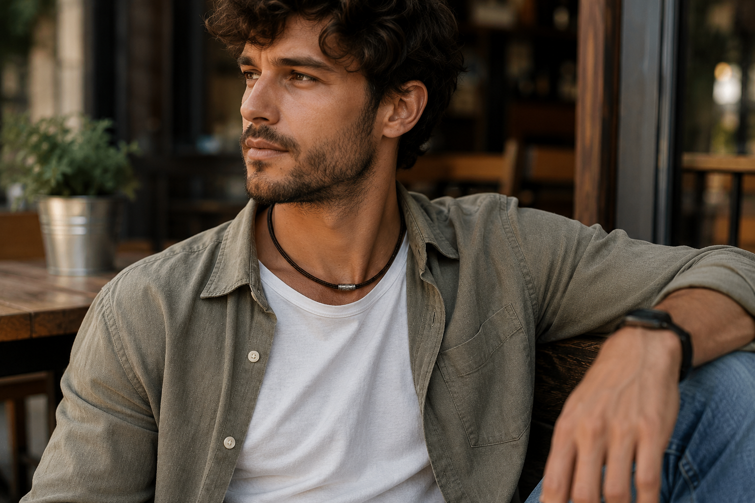 Homme au style décontracté portant un collier en cuir noir avec chemise légère et t shirt blanc dans une ambiance urbaine chaleureuse et naturelle
