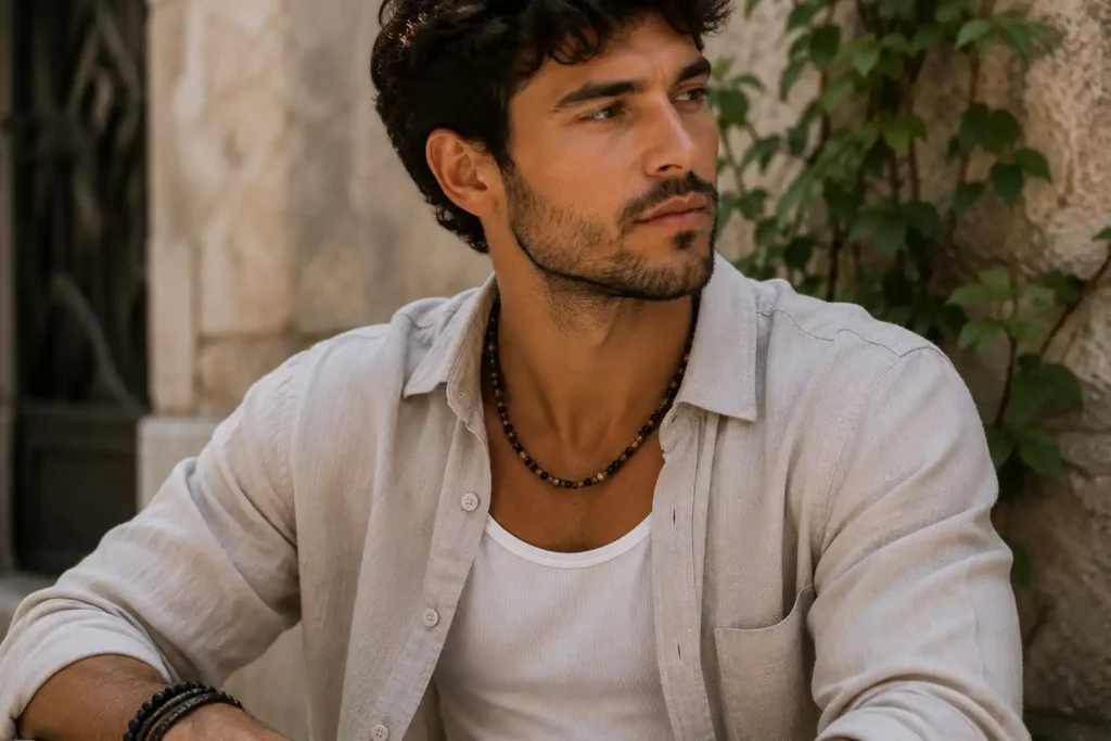 Homme portant un collier en perles noires avec chemise en lin ouverte dans un style élégant, décontracté et masculin en extérieur
