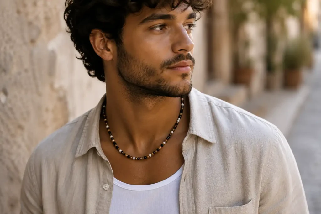 Homme portant un collier en perles noires et blanches avec chemise en lin dans une ambiance urbaine élégante et décontractée