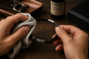 Mains séchant délicatement un collier en cuir pour homme avec un chiffon doux sur une table en bois dans une ambiance artisanale chaleureuse